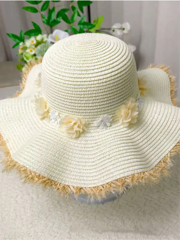 Beige 3D Floral Frayed Wide Brim Straw Hat made by Retro Stage