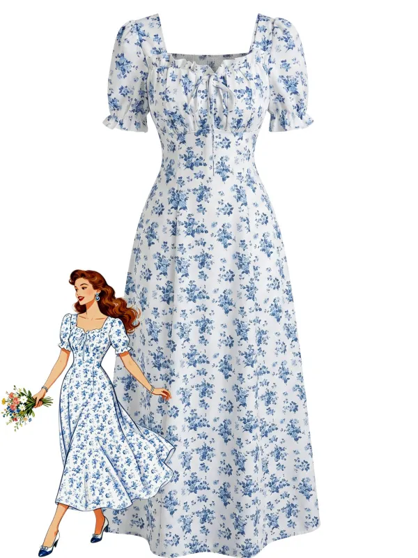 1940s Floral Puff Sleeve Midi Dress made by Retro Stage