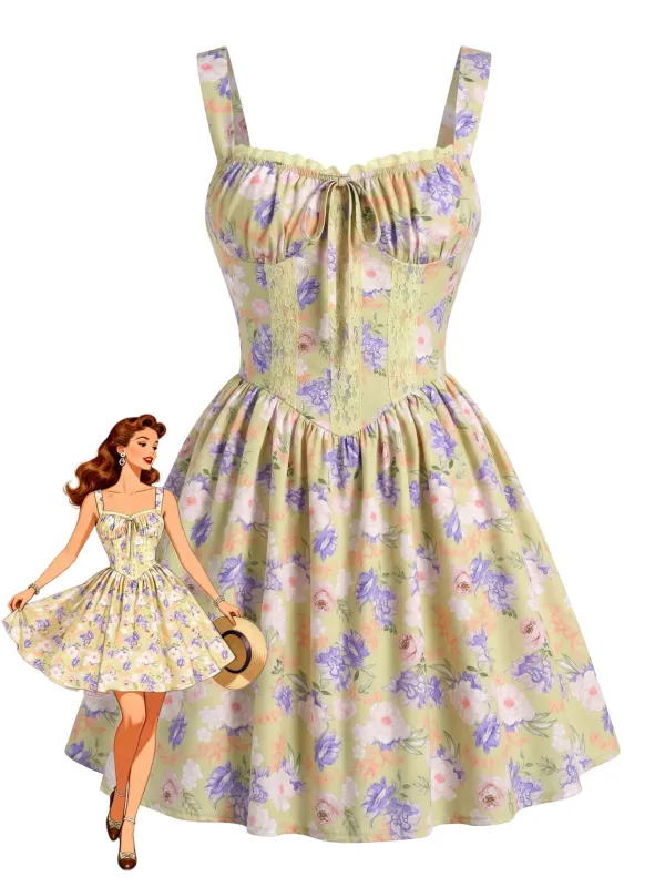 Yellow 1950s Lace Floral Patchwork Mini Dress made by Retro Stage