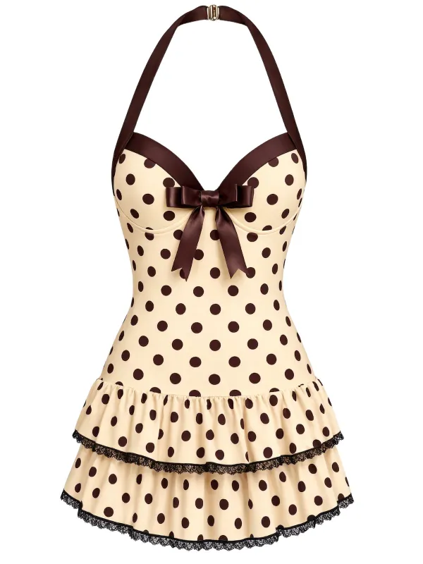 [Pre-Sale] Cream 1940s Halter Polka Dots Bow One-Piece Swimsuit made by Retro Stage