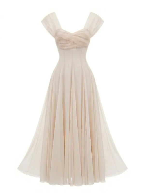 Beige 1930s Sweetheart Neck Cap Sleeve Mesh Fishbone Dress made by Retro Stage
