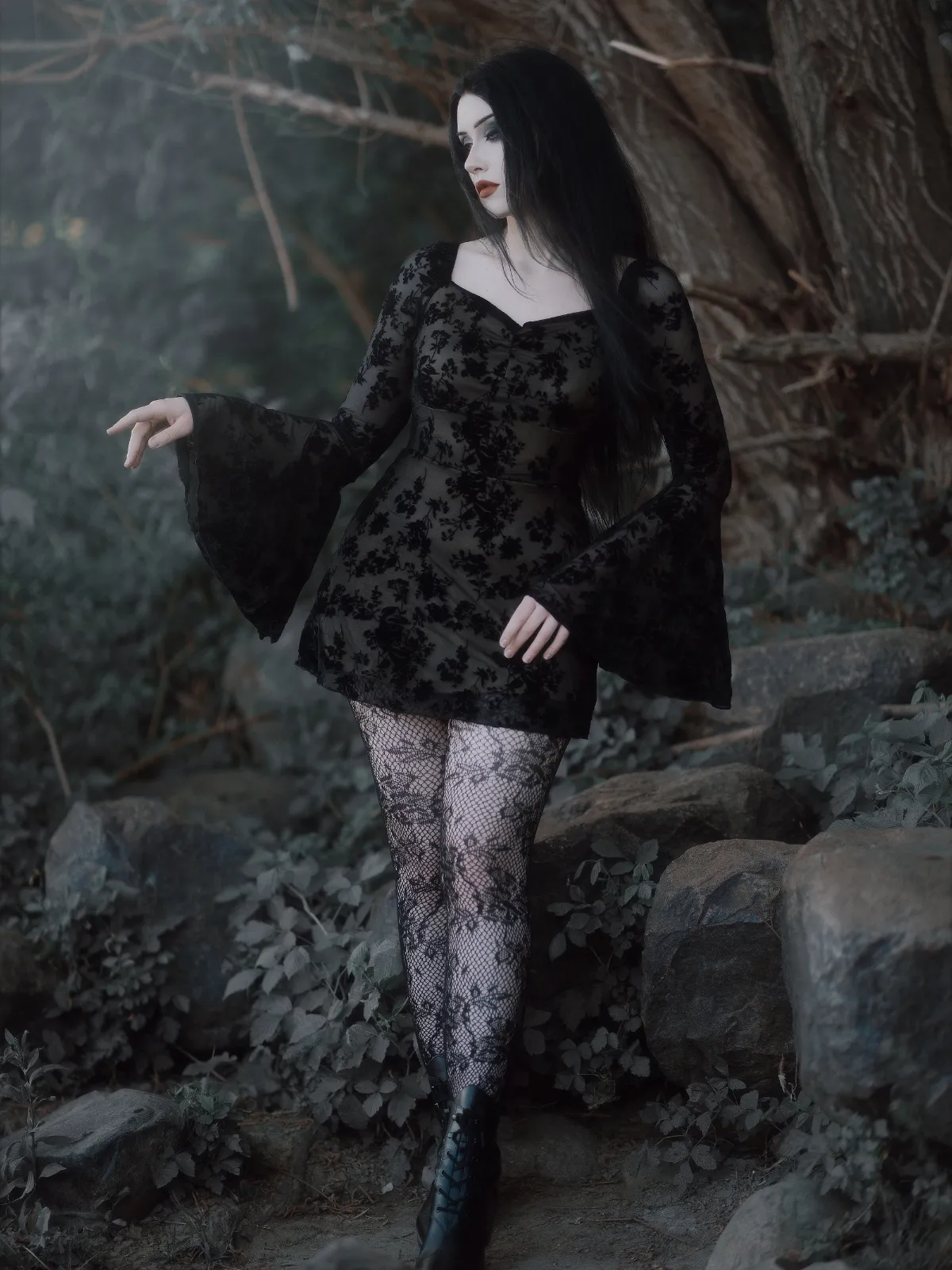 Black 1950s Lace Floral Bishop Sleeves Dress sold by Retro Stage