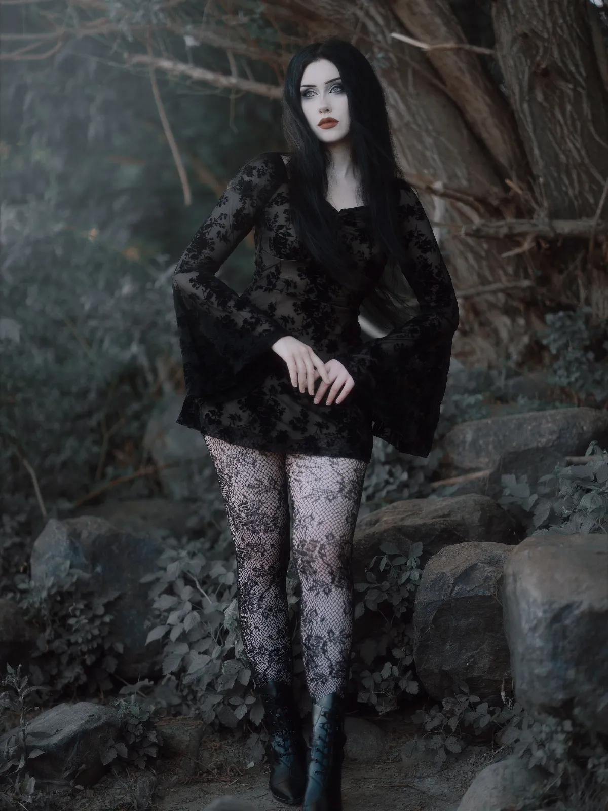 Black 1950s Lace Floral Bishop Sleeves Dress sold by Retro Stage product image thumbnail 3