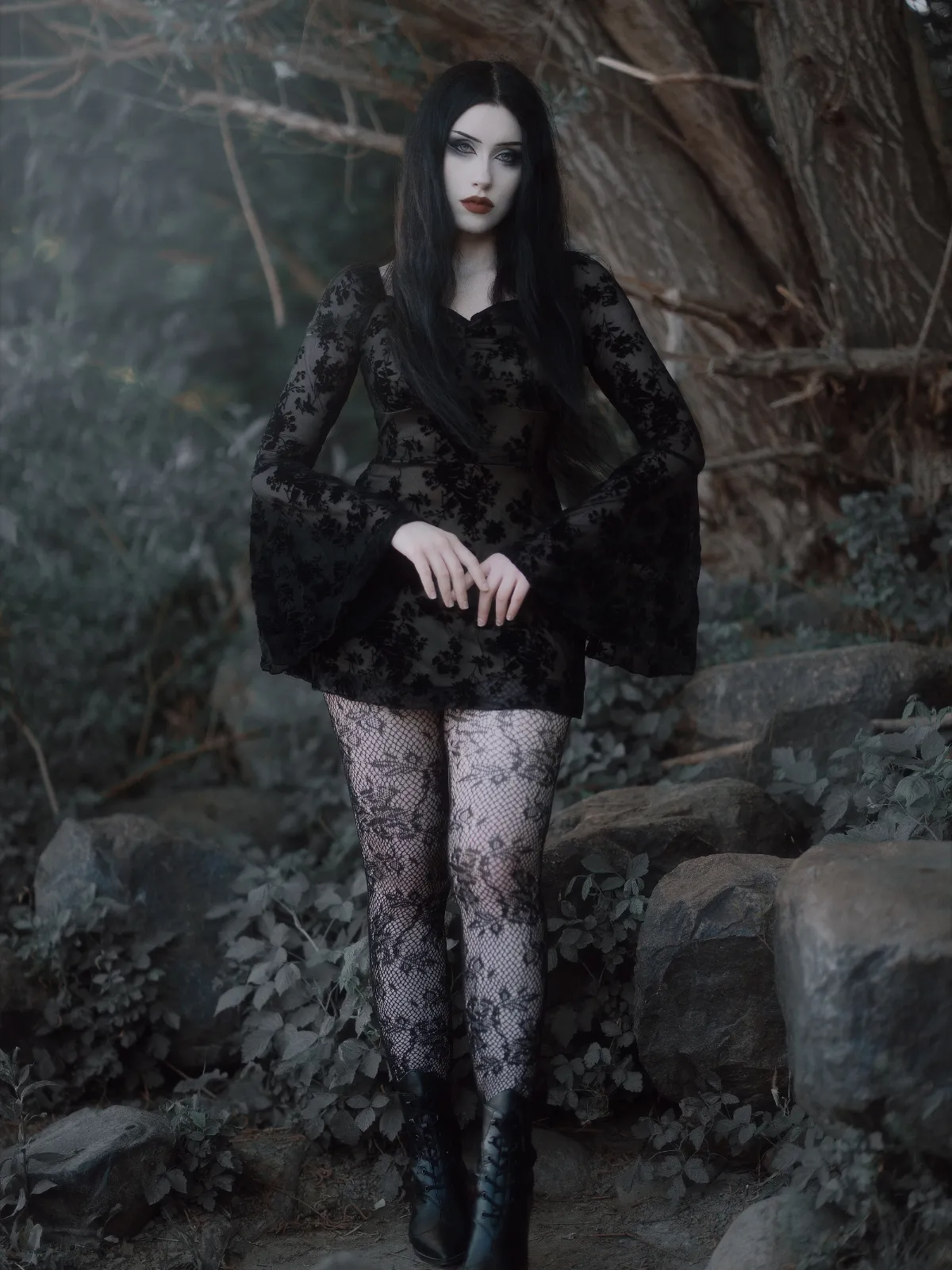 Black 1950s Lace Floral Bishop Sleeves Dress sold by Retro Stage product image thumbnail 2