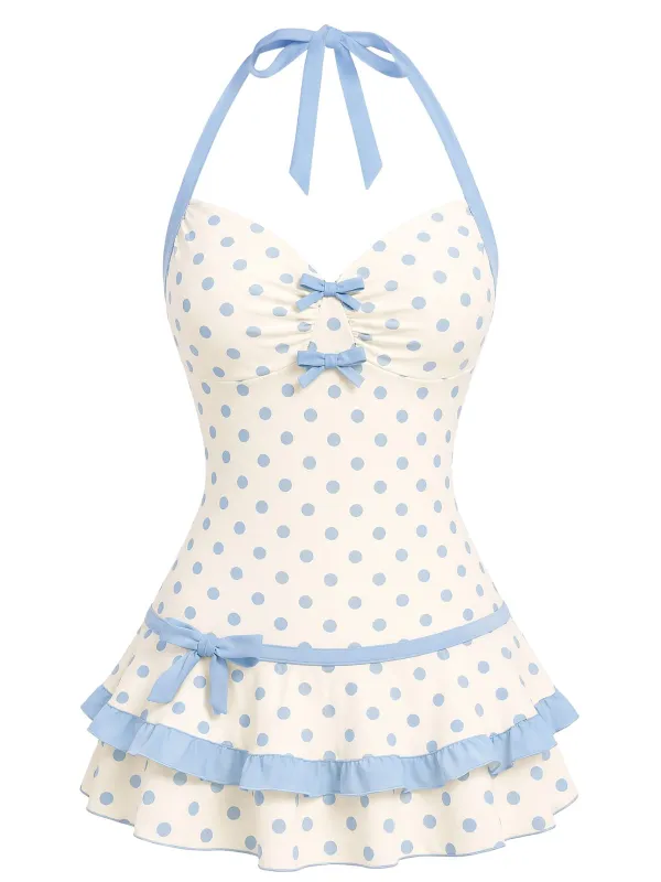 [Pre-Sale] Blue 1940s Halter Bow Polka Dot Swim Dress made by Retro Stage