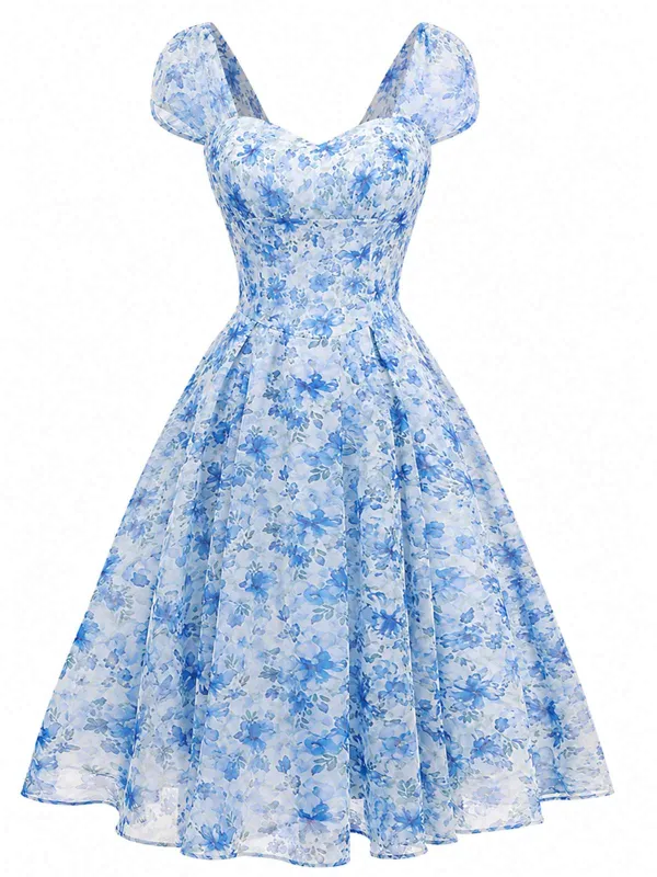 [Pre-Sale] Blue 1950s Puff Sleeve Sweetheart Neck Floral Swing Dress made by Retro Stage