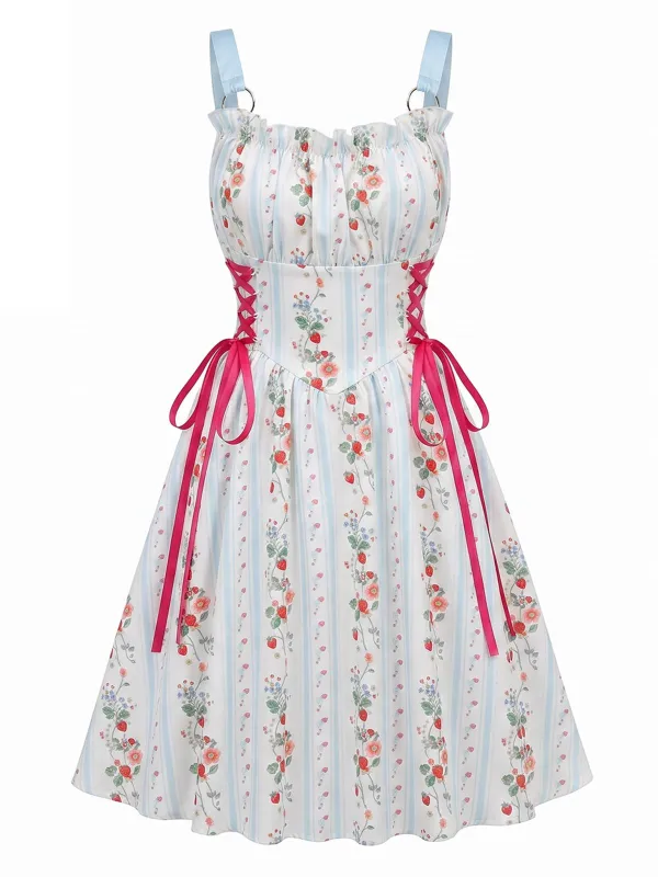 [Pre-Sale] Blue 1950s Ruffled Square Neck Sleeveless Floral Swing Dress made by Retro Stage