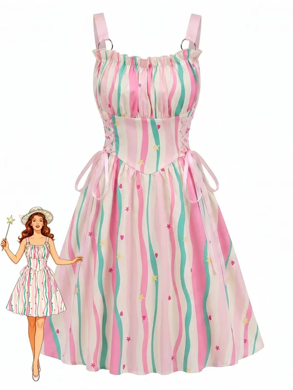 1950s Ruffled Square Neck Sleeveless Floral Print Swing Dress made by Retro Stage
