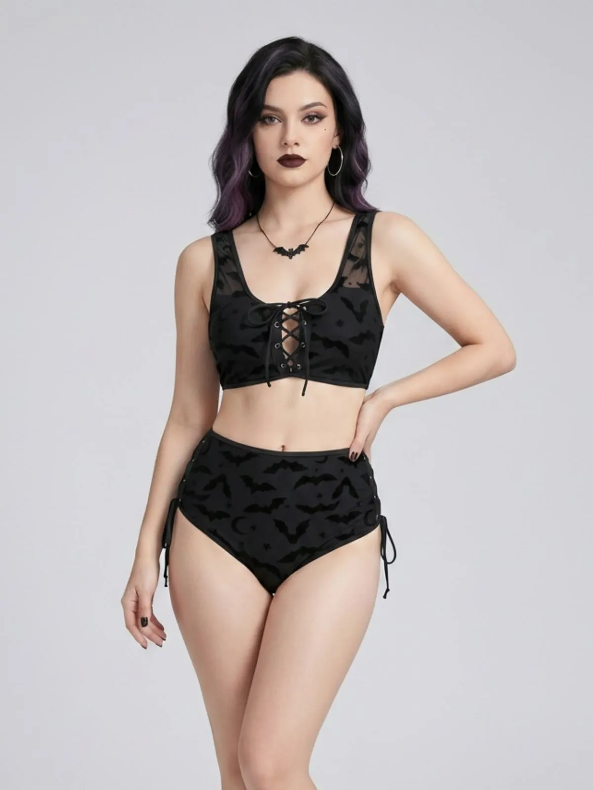 Black 1980s Strap Bat Mesh Gothic Bikini Set sold by Retro Stage