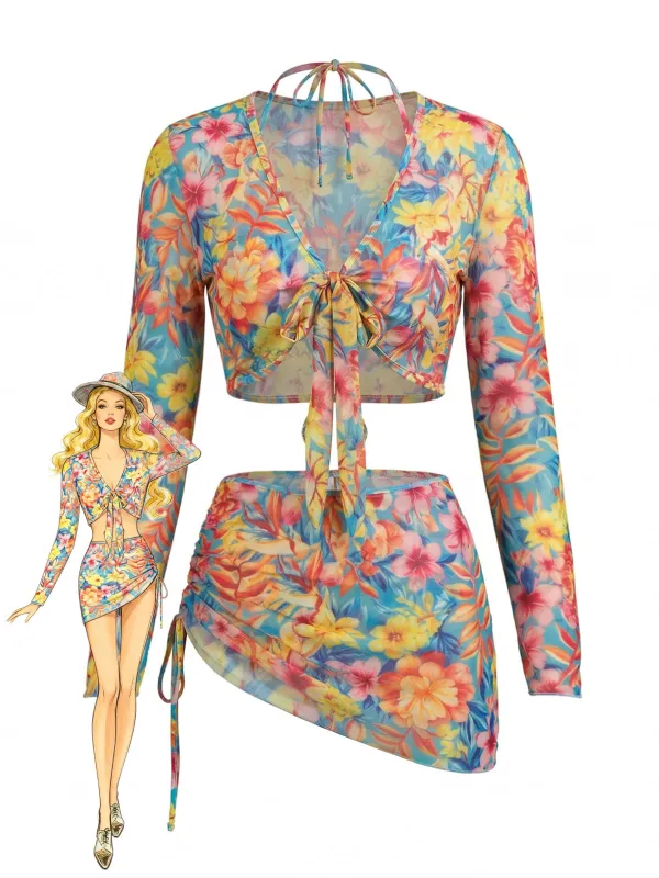1960s Halter Floral Bikini Set & Mesh Long Sleeve Cover-Up made by Retro Stage
