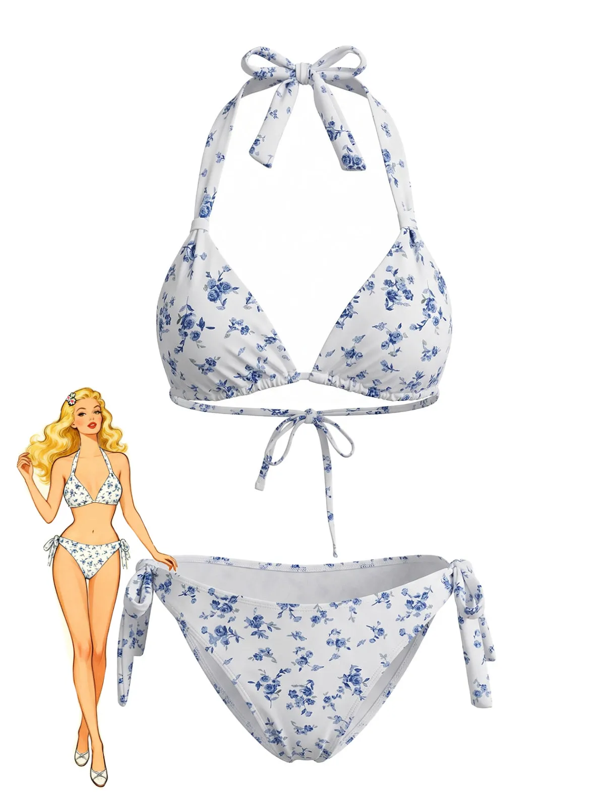 Blue 1940s Ditsy Floral Halter Tie Back Bikini Set sold by Retro Stage