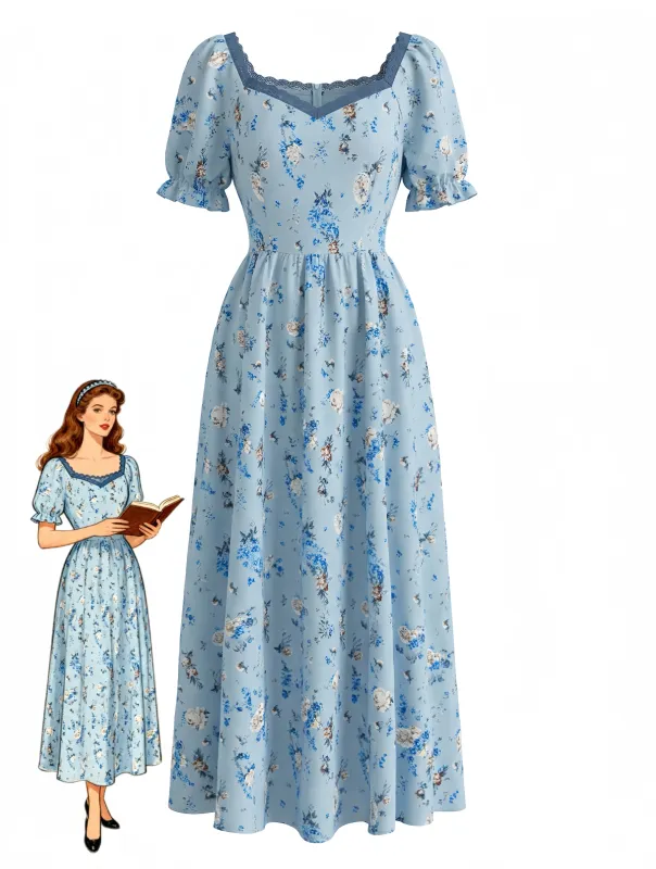Blue 1940s Ditsy Floral V-Neck Dress made by Retro Stage