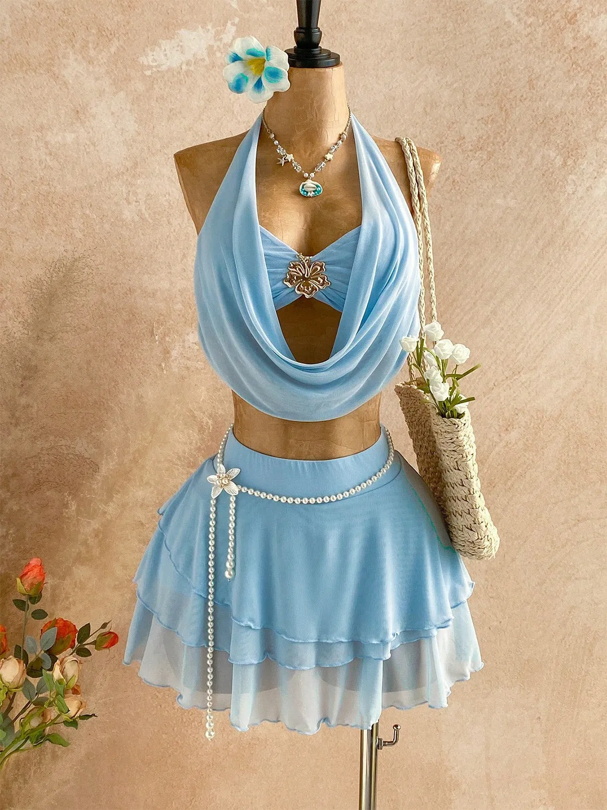2PCS Light Blue 1980s Halter Backless Bikini Set & Cover-Up sold by Retro Stage product image thumbnail 3