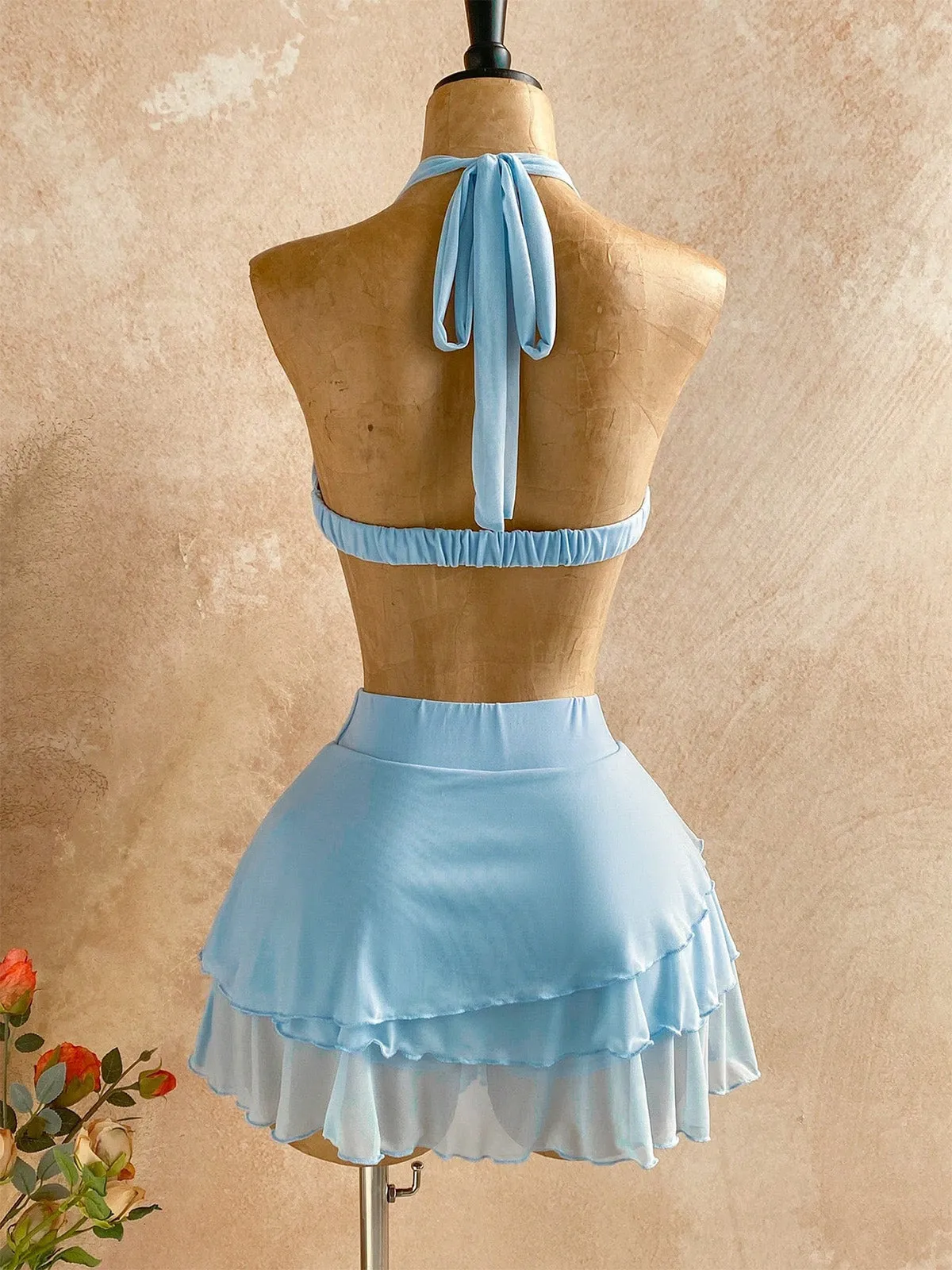 2PCS Light Blue 1980s Halter Backless Bikini Set & Cover-Up sold by Retro Stage product image thumbnail 4