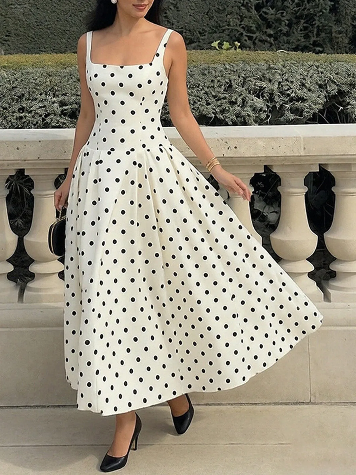 White 1950s Square Neck Polka Dot Sleeveless Pleated Dress sold by Retro Stage product image thumbnail 4