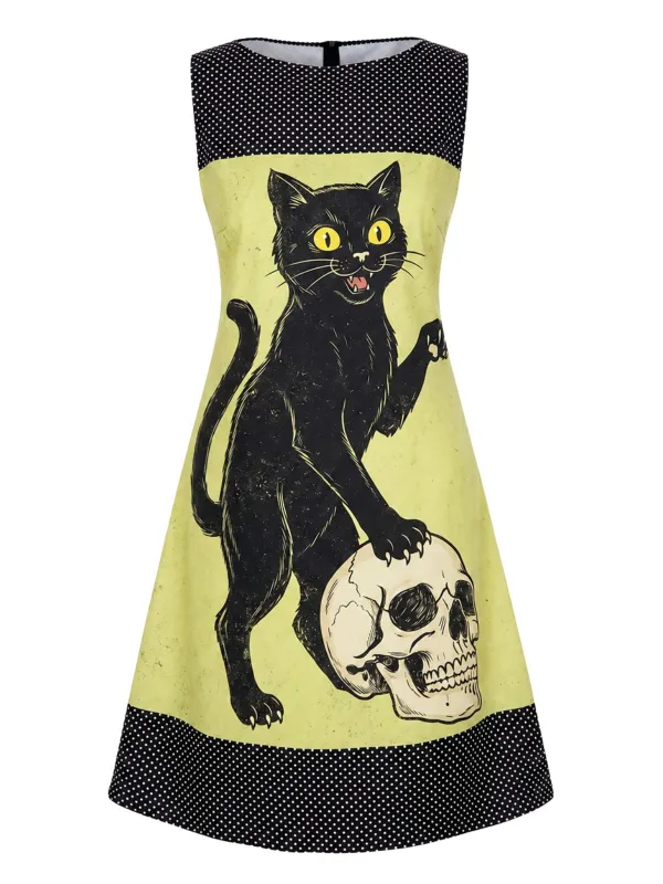 Yellow 1960s Cat Skull Sleeveless A-Line Dress made by Retro Stage