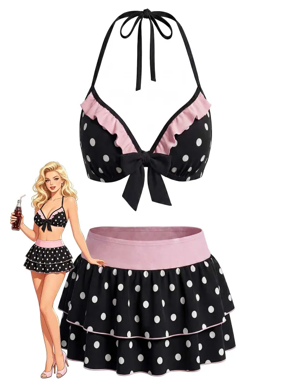 Black 1940s Polka Dot Halter Bikini Set made by Retro Stage
