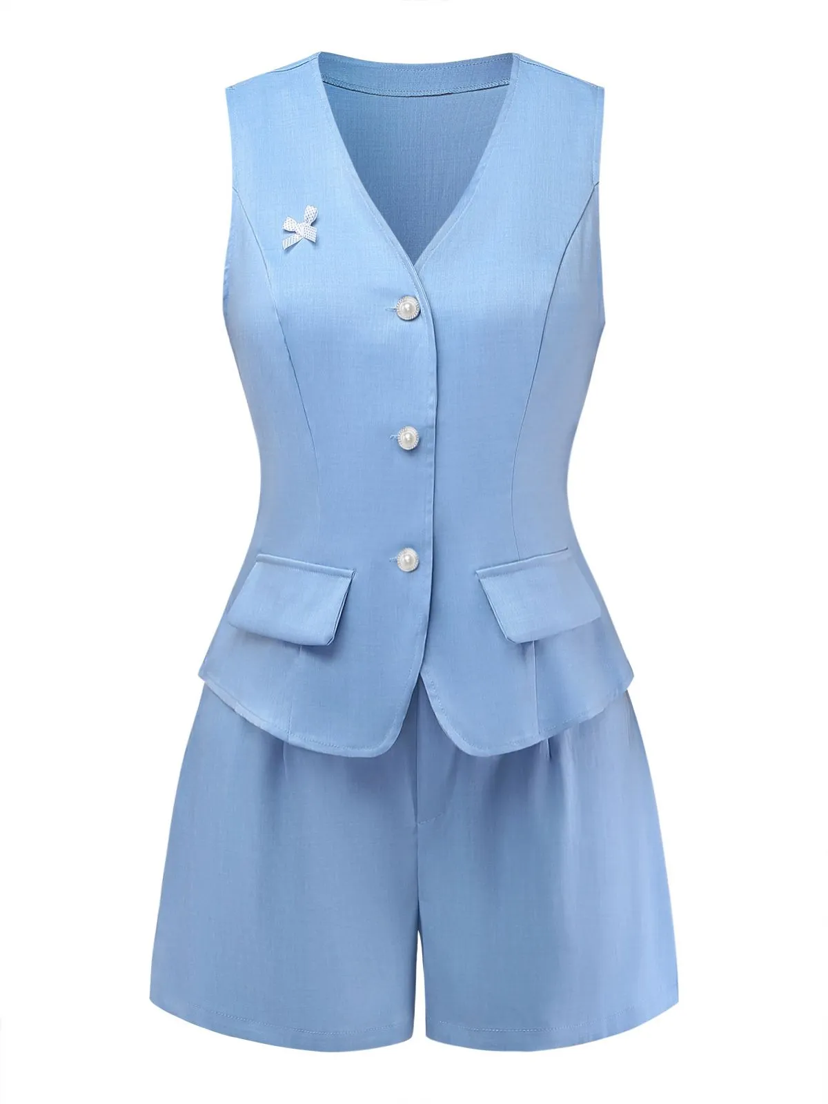 2PCS Blue 1950s V-Neck Sleeveless Bow Vest & Shorts sold by Retro Stage product image thumbnail 2