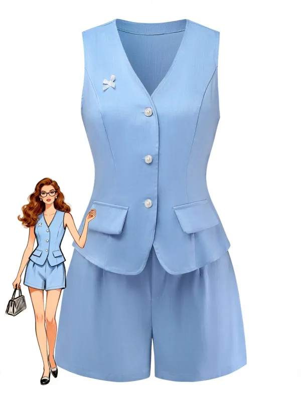2PCS Blue 1950s V-Neck Sleeveless Bow Vest & Shorts made by Retro Stage