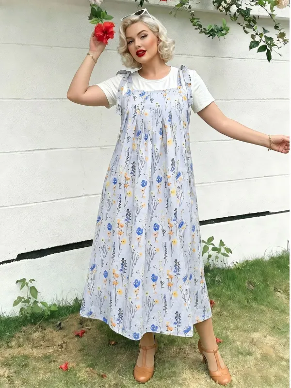 [Plus Size] Light Blue 1940s Flower Pinafore Dress made by Retro Stage