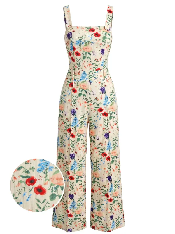 Beige 1950s Floral Square Neck Spaghetti Strap Wide Leg Jumpsuit made by Retro Stage