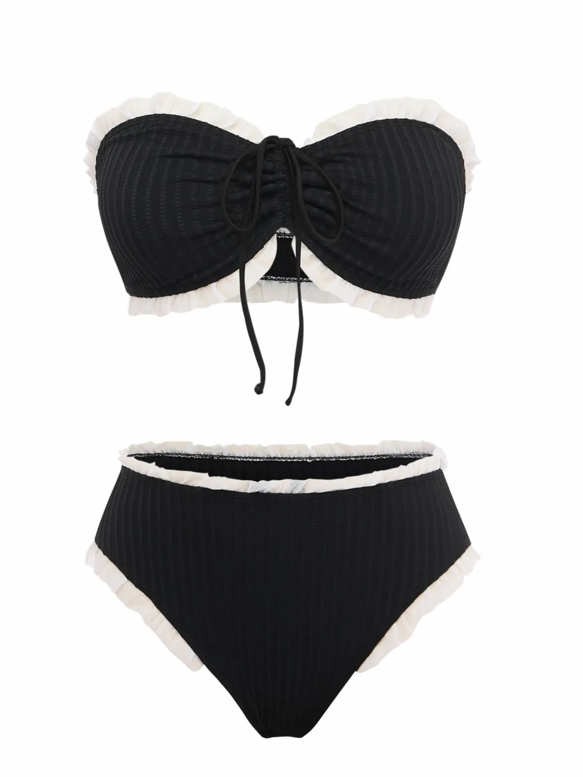 Black 1970s Strapless Contrast Ruffle Trim Bikini Set sold by Retro Stage product image thumbnail 2