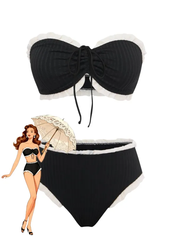 Black 1970s Strapless Contrast Ruffle Trim Bikini Set made by Retro Stage