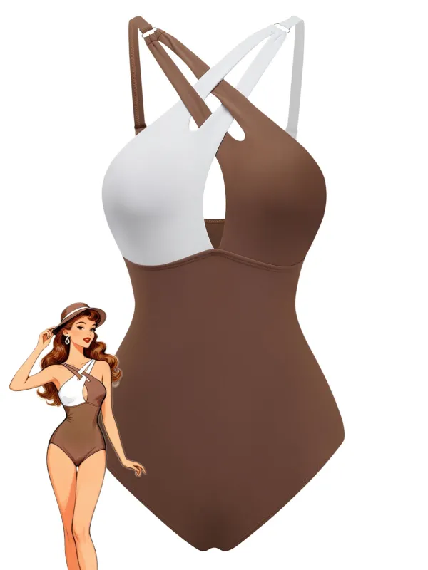 Coffee 1960s Crisscross Halter One Piece Swimsuit made by Retro Stage