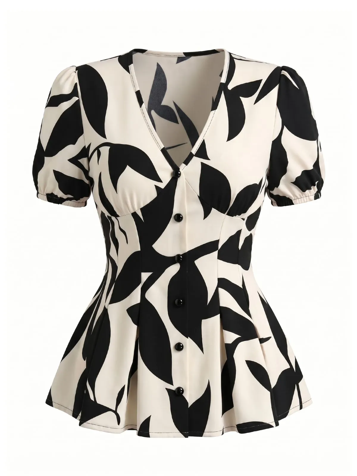 Beige 1940s V-Neck Leaf Print Puff Sleeve Blouse sold by Retro Stage product image thumbnail 2