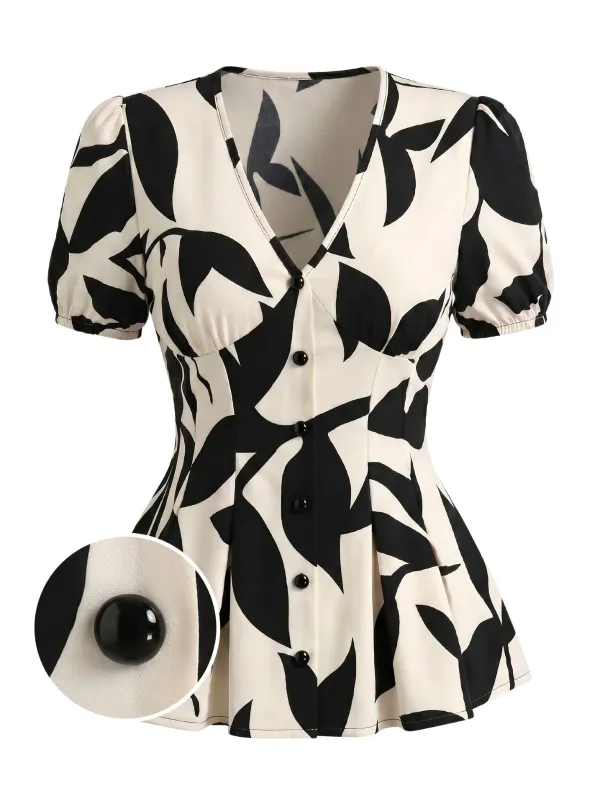 Beige 1940s V-Neck Leaf Print Puff Sleeve Blouse made by Retro Stage