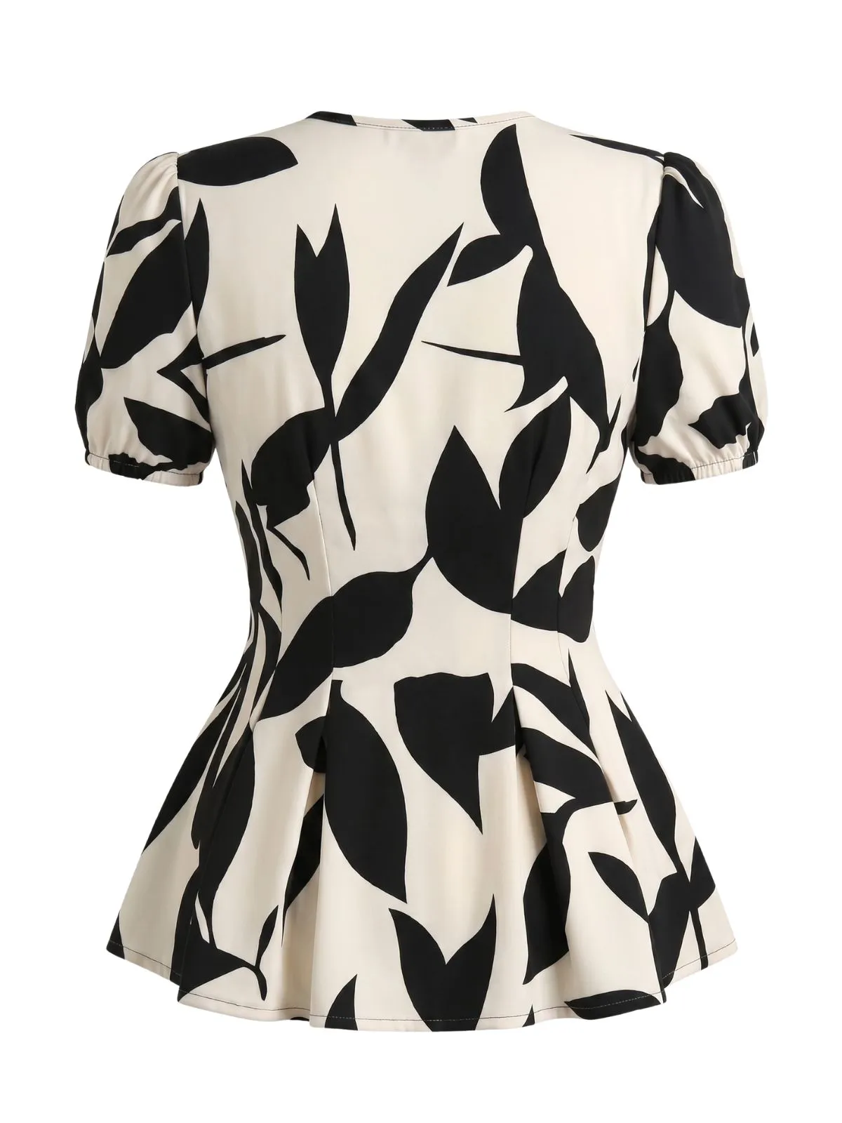 Beige 1940s V-Neck Leaf Print Puff Sleeve Blouse sold by Retro Stage product image thumbnail 4