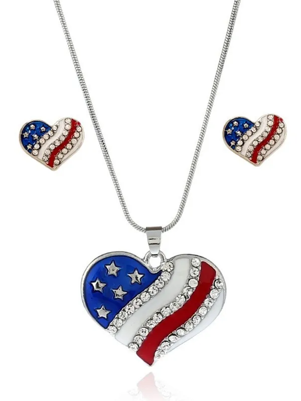 Red White and Blue Rhinestone Heart Necklace & Earrings Set made by Retro Stage