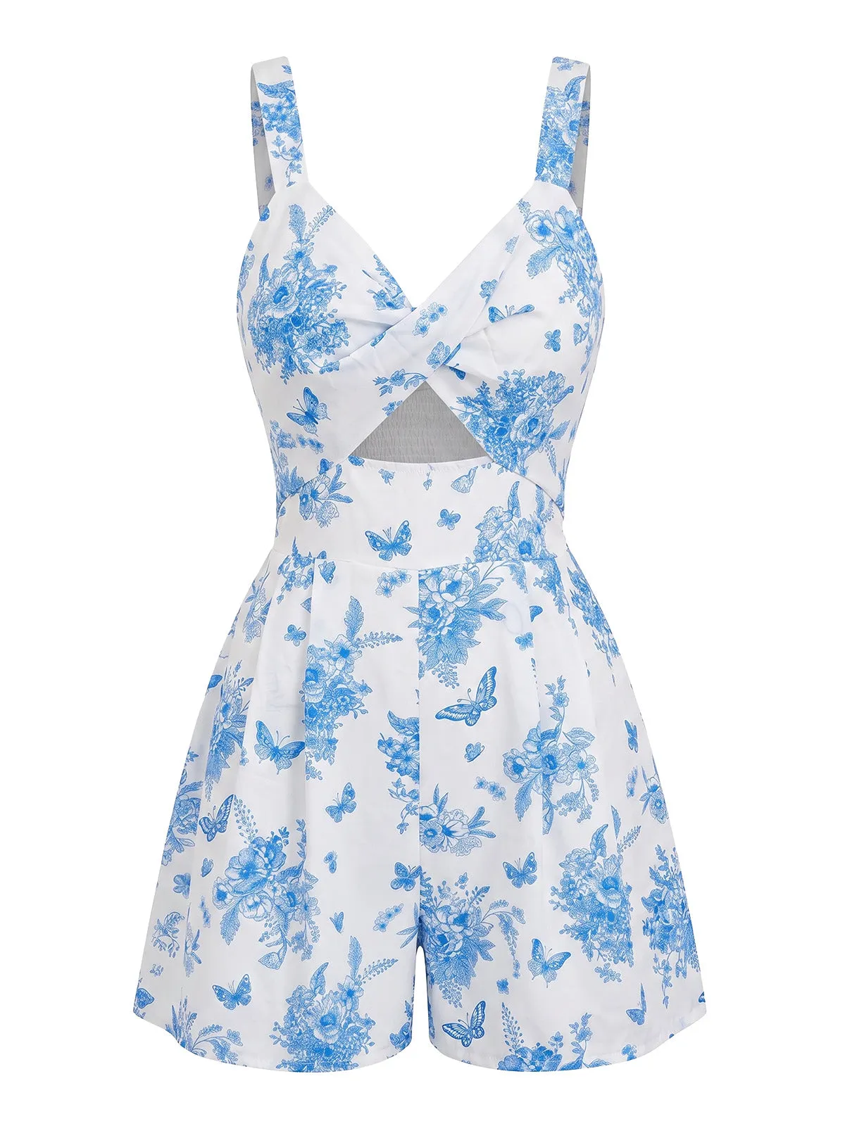 Blue 1970s Floral Hollow V-Neck Smocked Romper sold by Retro Stage product image thumbnail 2