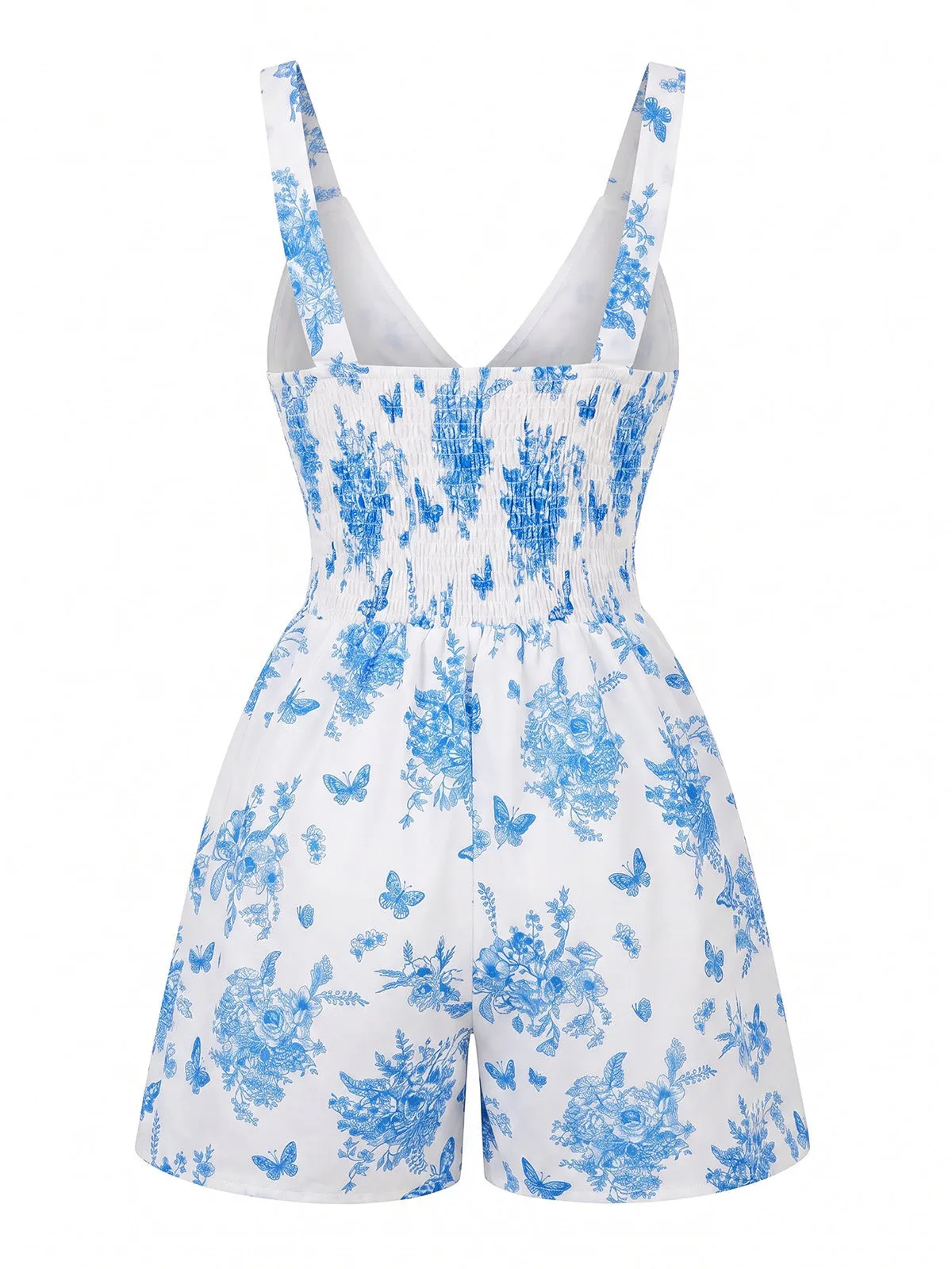 Blue 1970s Floral Hollow V-Neck Smocked Romper sold by Retro Stage product image thumbnail 3