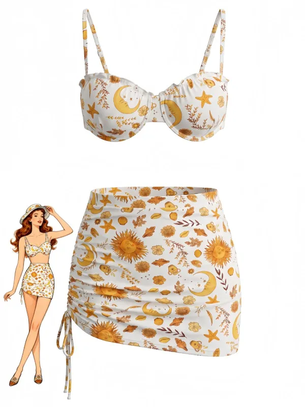 Yellow 1970s Celestial Print Bikini Set & Cove-Up made by Retro Stage