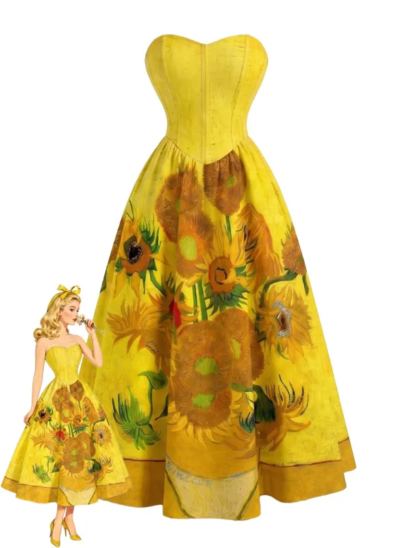 [Pre-Sale] Yellow 1950s Strapless Sunflower Print Swing Dress made by Retro Stage