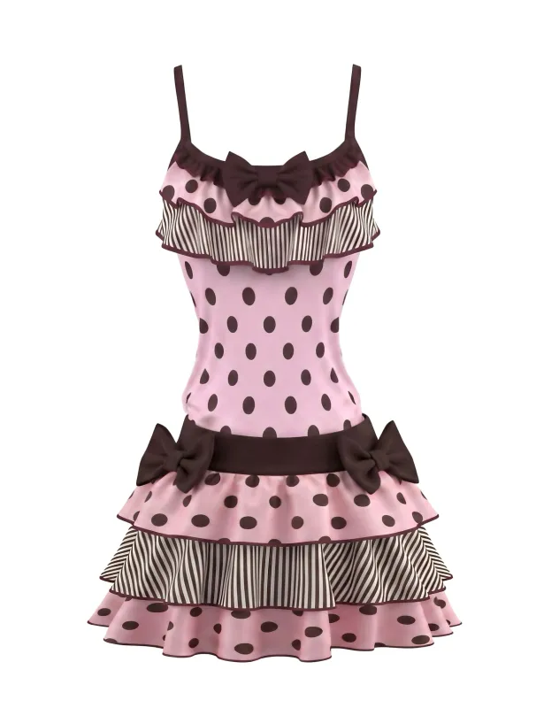 2PCS 1980s Polka Dot Sleeveless Tank Top & Layered Mini Skirt made by Retro Stage