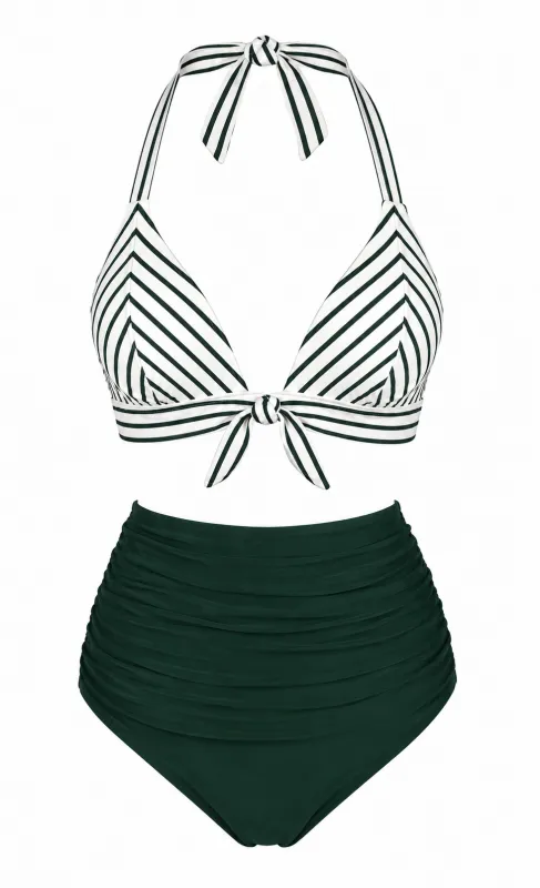 Green 1950s Striped Halter Ruched Bikini Set made by Retro Stage