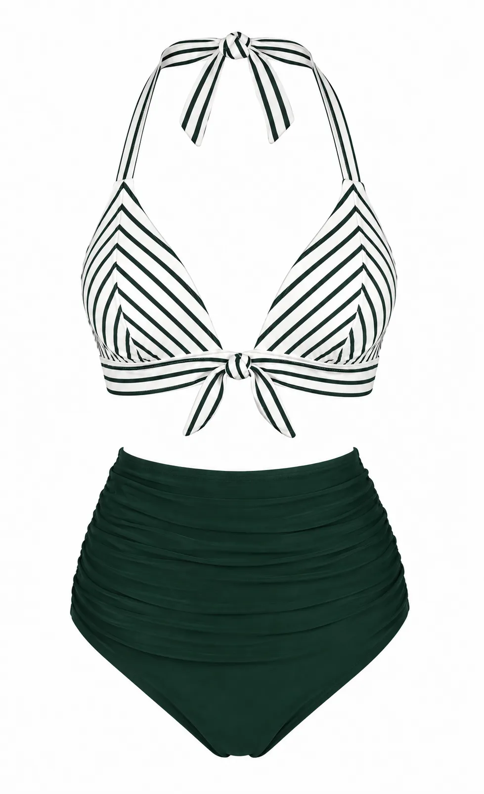 Green 1950s Striped Halter Ruched Bikini Set sold by Retro Stage