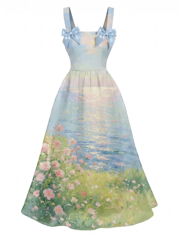 [Pre-Sale] 1950s Monet-Inspired Floral Landscape Bow Strap Dress made by Retro Stage