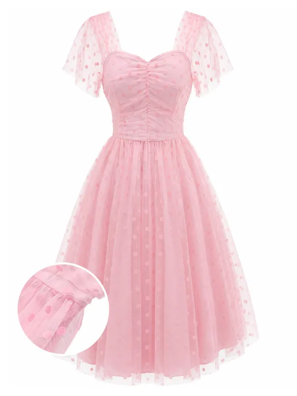 [Pre-Sale] Pink 1950s Sweetheart Neck Polka Dot Mesh Dress made by Retro Stage