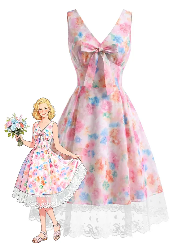 [Pre-Sale] Multicolor 1950s Lace Bow Watercolor Floral Dress made by Retro Stage