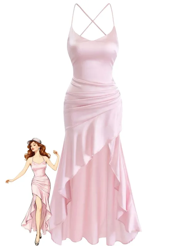 1930s Satin Spaghetti Strap Ruffle Hem Backless Maxi Dress made by Retro Stage