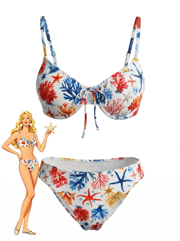 Blue 1950s Coral & Starfish Print Bikini Set made by Retro Stage