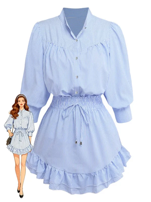 2PCS 1970s Stripe Half Sleeve Top & Ruffled Hem Skirt made by Retro Stage