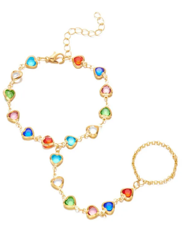 Multicolor Heart-Shape Rhinestone Hand-to-Finger Bracelet made by Retro Stage
