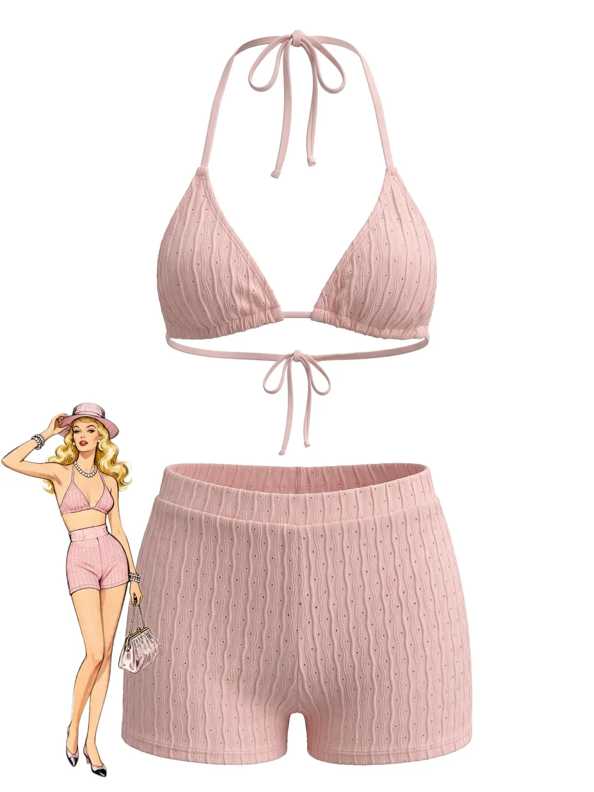 1940s Solid Halter Textured Triangle Bikini Set sold by Retro Stage
