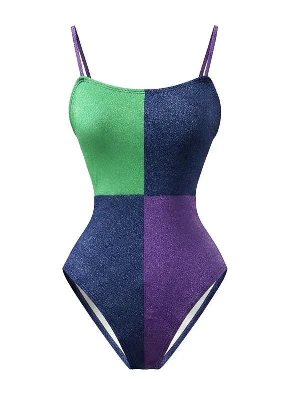 Green 1980s Glitter Shimmer Color Block One Piece Swimsuit made by Retro Stage