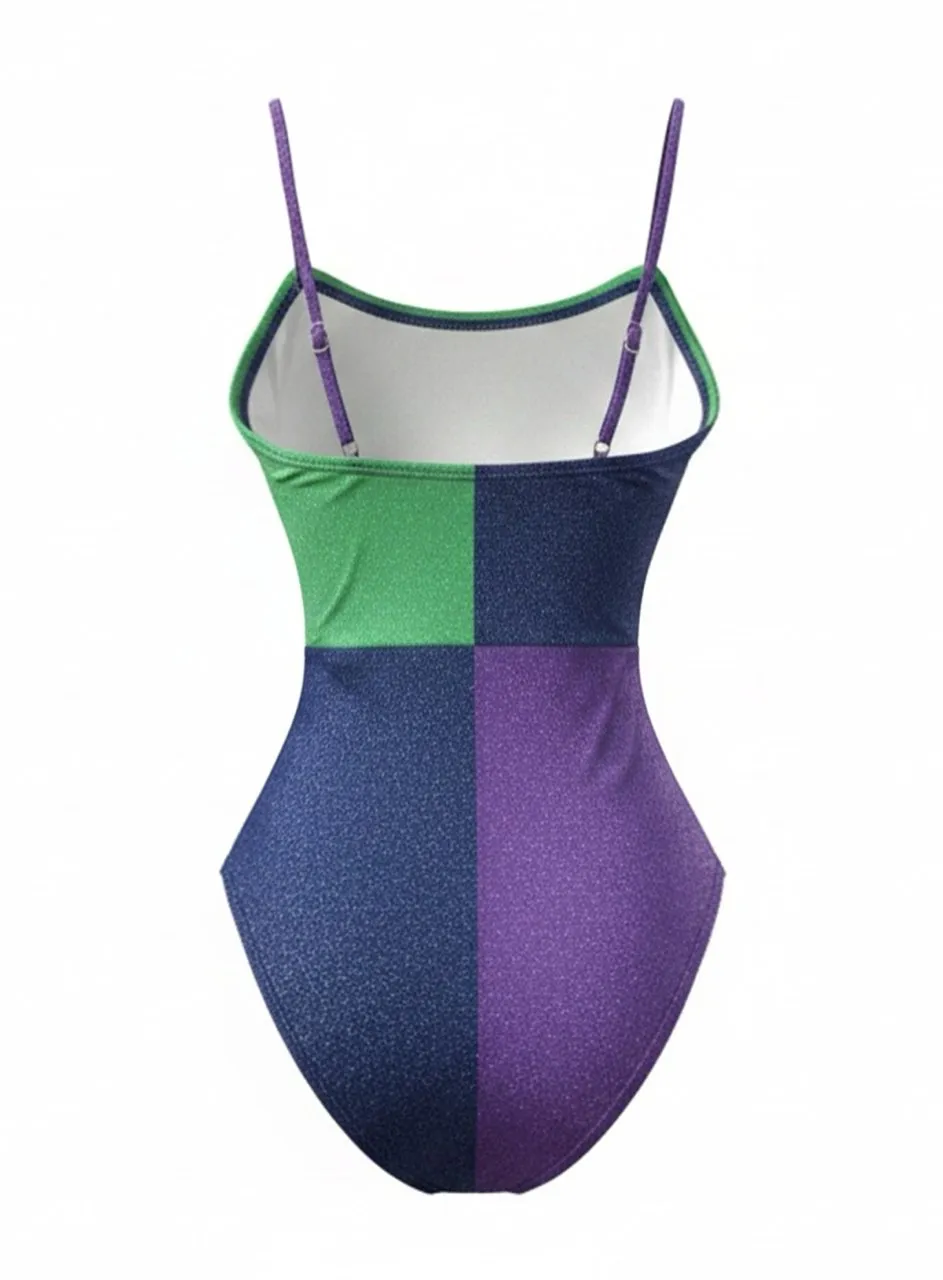 Green 1980s Glitter Shimmer Color Block One Piece Swimsuit sold by Retro Stage product image thumbnail 2