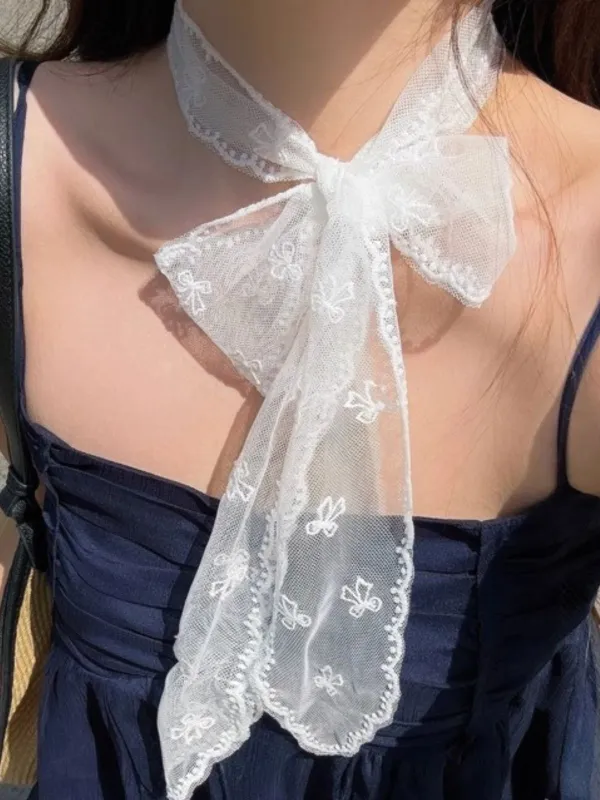 White Bow Embroidery Lace Scarf made by Retro Stage
